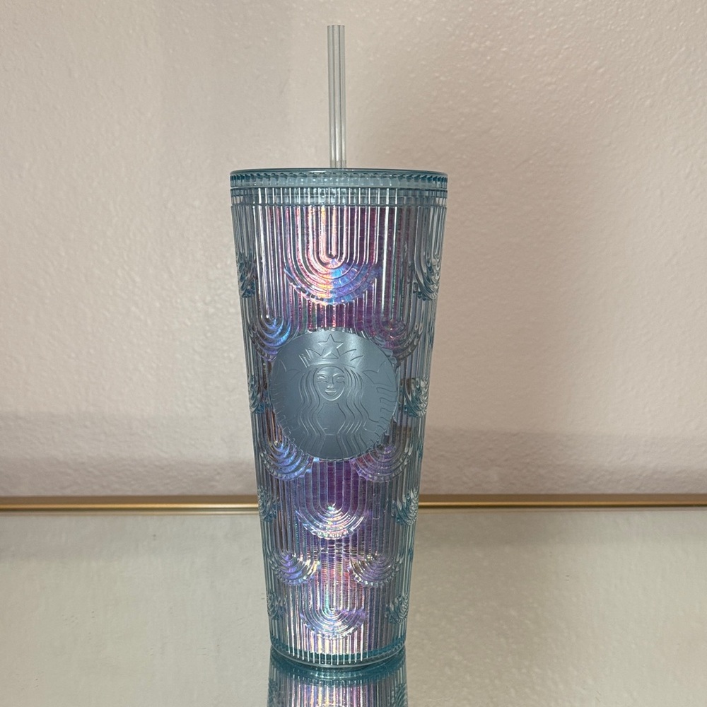 Starbucks Spring 2022 Holographic Iridescent Blue Tumbler with Straw